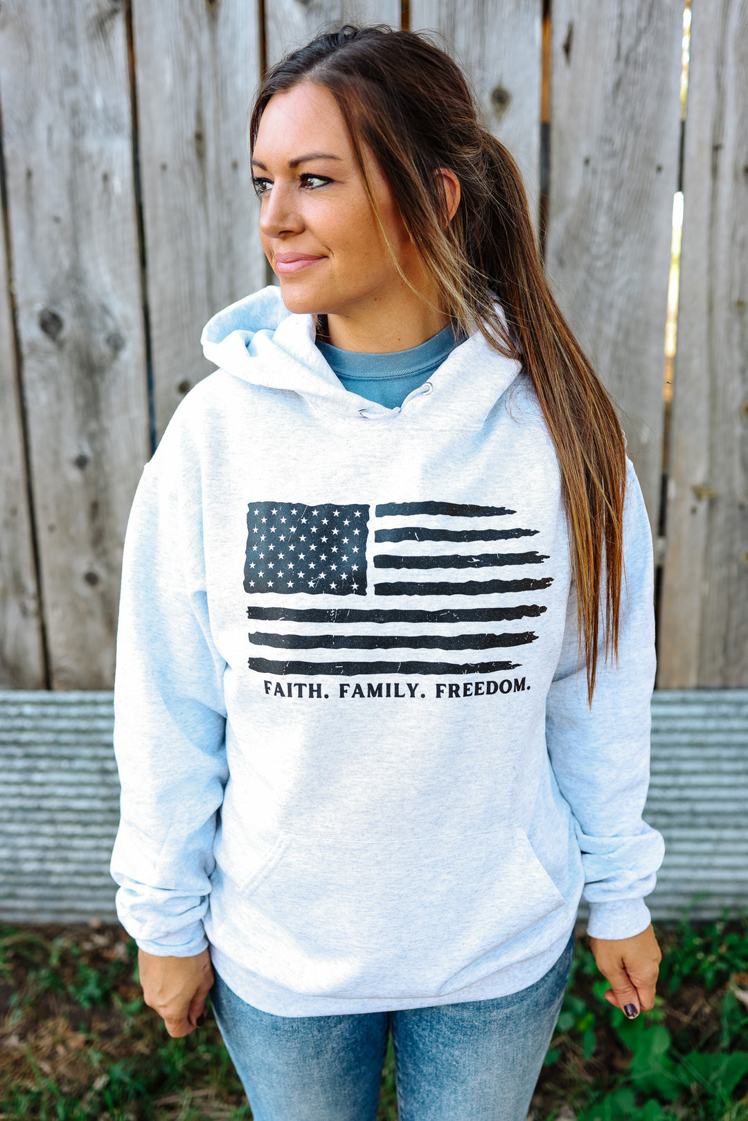 'FAITH. FAMILY. FREEDOM.' Ash Grey Hooded Sweatshirt