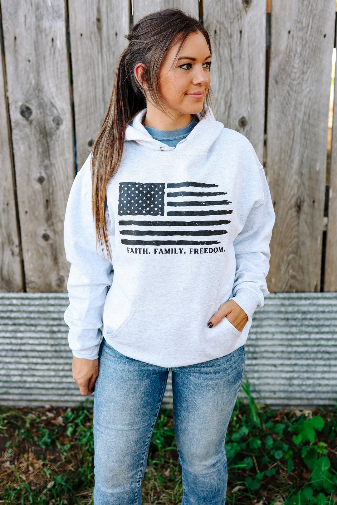 'FAITH. FAMILY. FREEDOM.' Ash Grey Hooded Sweatshirt